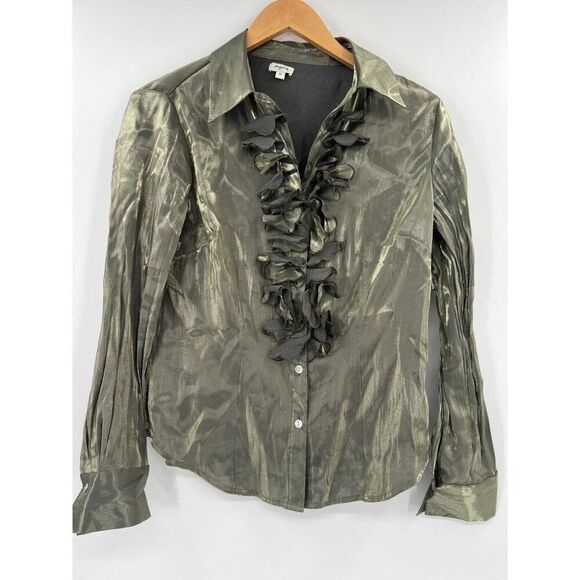 Agora M Metallic Green Ruffled Blouse Button Down Long Sleeve Fairy Whimsigoth - Picture 1 of 8